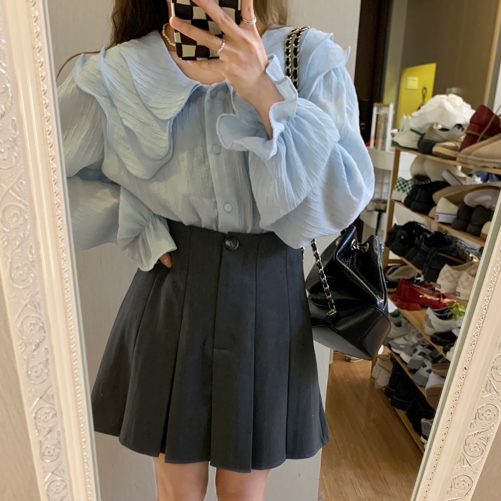 Áo sơ mi XIAOZHAINV dài tay dáng rộng màu xanh dương phong cách Pháp thời trang cho nữ