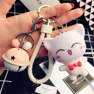 Bộ móc khóa Mèo Trắng nơ hồng siêu dễ thương kèm bộ chuông, dây da cao cấp MKDT02