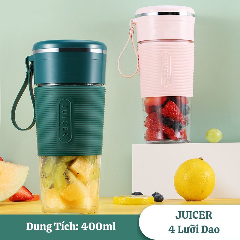 Máy Xay Sinh Tố Cầm Tay Mini Đa Năng JUICER Bình Thủy Tinh Dung Tích 400mL,Pin 2000mA Sạc USB