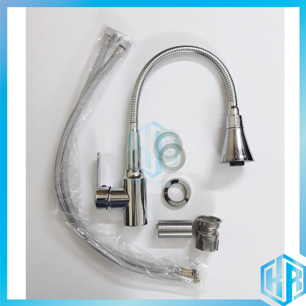 Vòi rửa chén bát nóng lạnh inox 304 màu bạc cao cấp loại cần mềm cổ bi xoay 360 độ, đầu vòi hình nón 2 chế độ xả nước