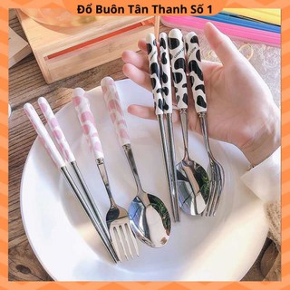 Bộ thìa đũa inox 304 họa tiết bò sữa cao cấp, Sét thìa đũa cá nhân