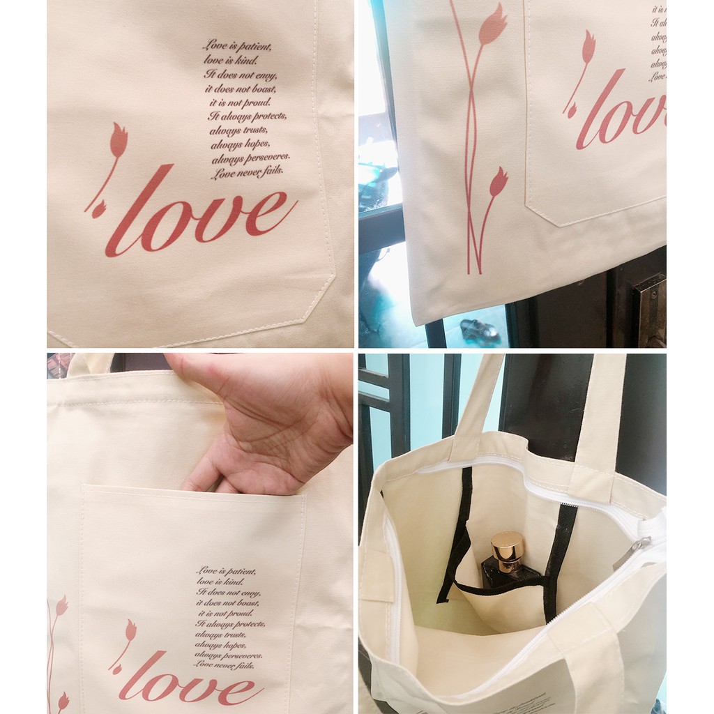 Túi Vải Tote Phối Ngăn Ngoài Cây Cỏ Love Style Hàn