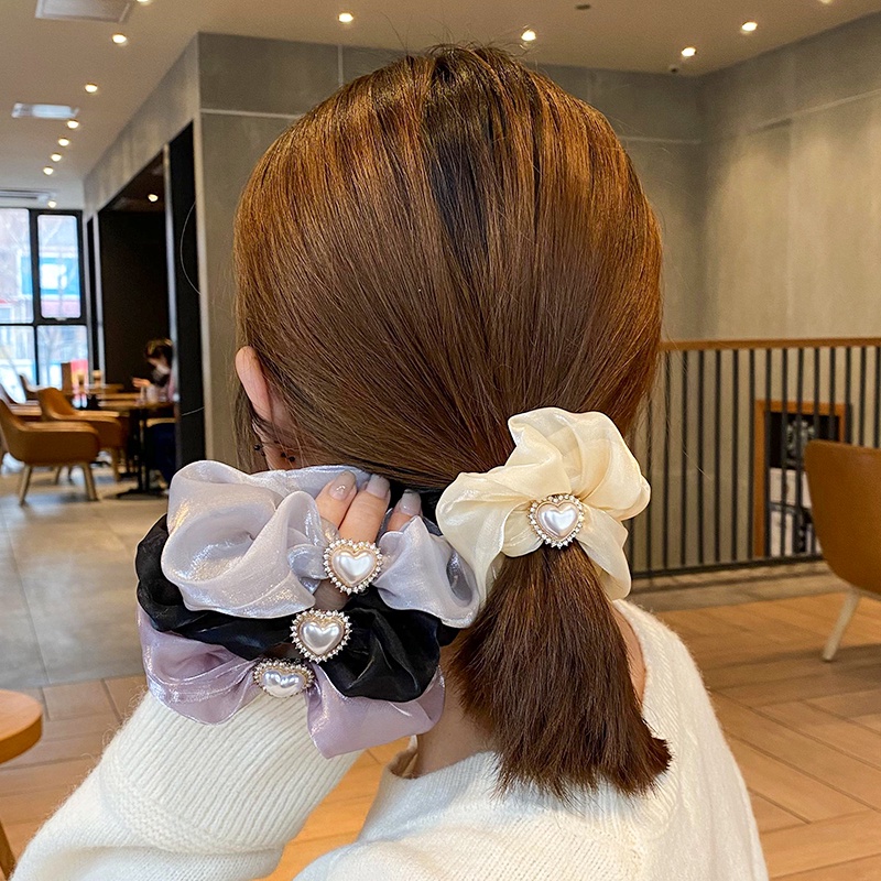 Dây Buộc Tóc Bằng Lụa Đính Ngọc Trai Hình Trái Tim Phong Cách Nhật Hàn Thời Trang Xinh Xắn