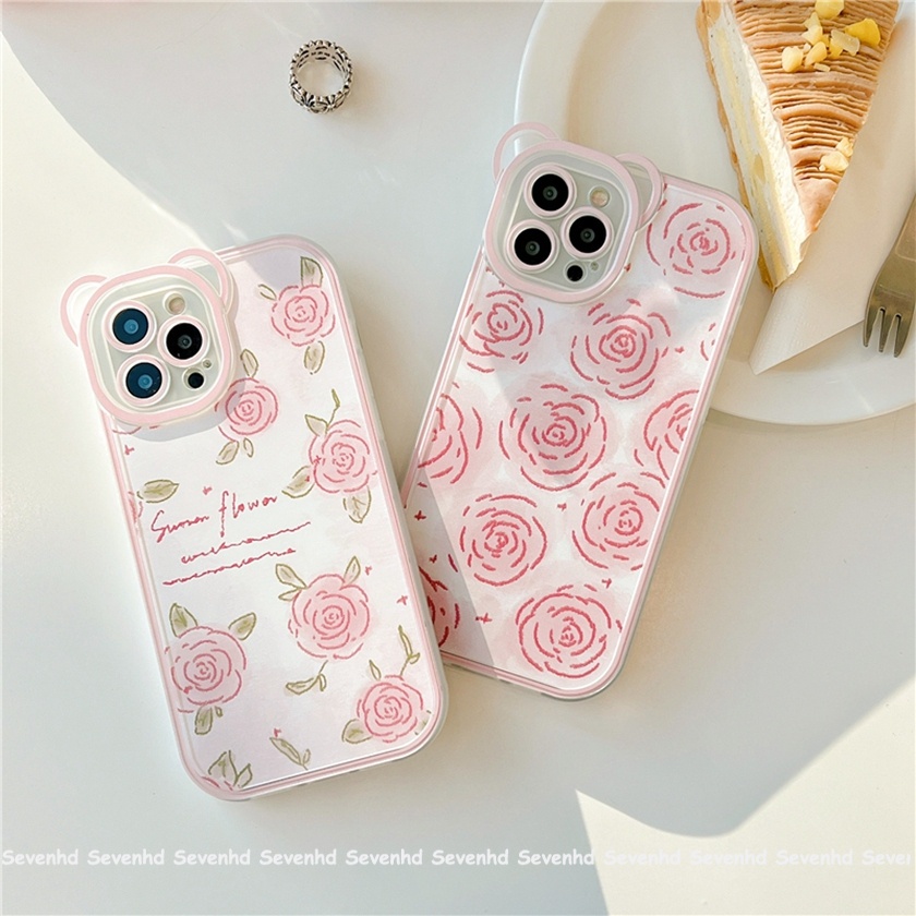 Ốp Điện Thoại Dẻo Họa Tiết Hoa / Tai Gấu Hồng Xinh Xắn Cho iPhone 14 13 12 11 Pro Max Xs Max Xr X 6 6s Plus
