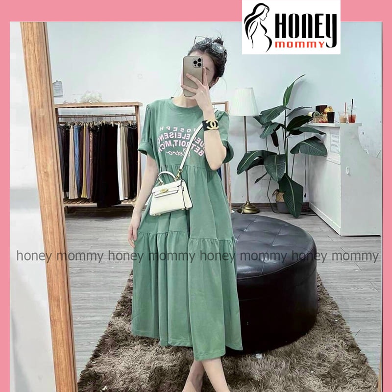 Váy Bầu Đầm Bầu Thun Cotton In Chữ Cá Tính Chất Mát Phù Hợp Đi Chơi Mặc Ở Nhà HD2677 Honey Mommy
