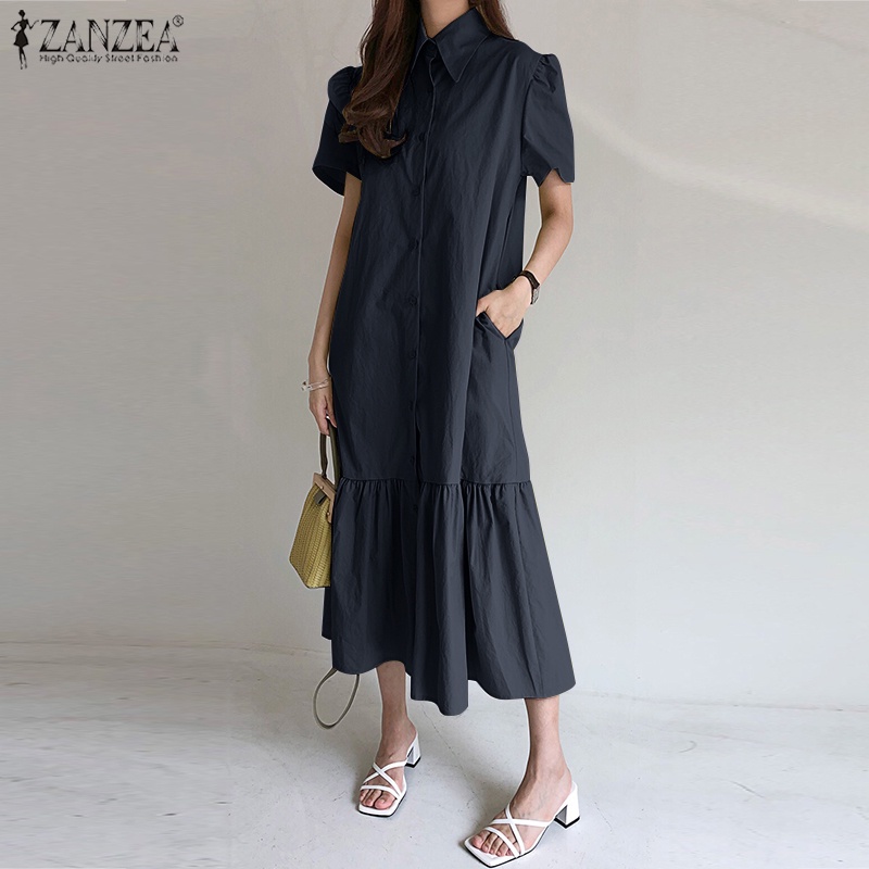 Đầm ZANZEA ngắn tay cổ bẻ dáng rộng thời trang Hàn Quốc cho nữ