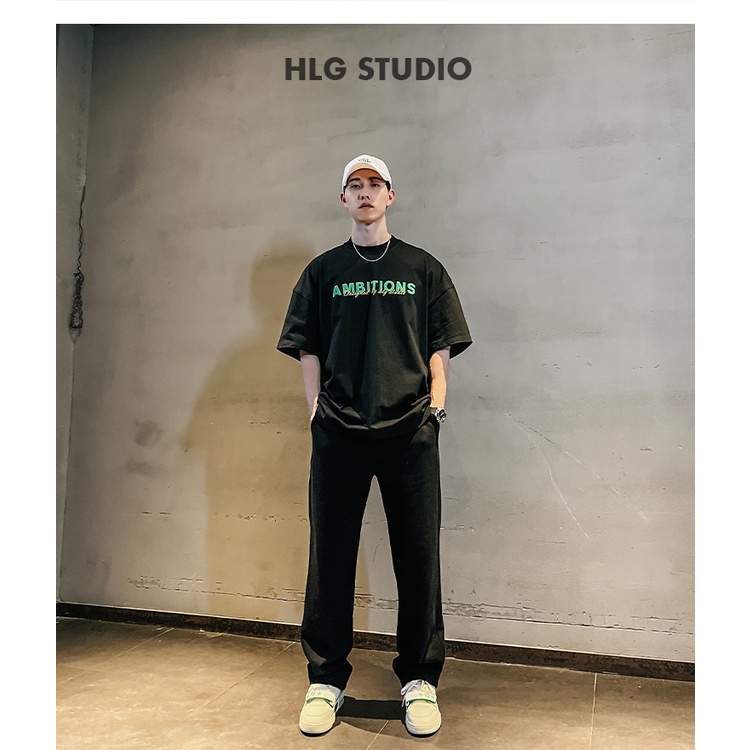 Áo phông nam cổ tròn AMBITON phong cách tay lỡ đơn giản, Cotton cao cấp đường phố 2022