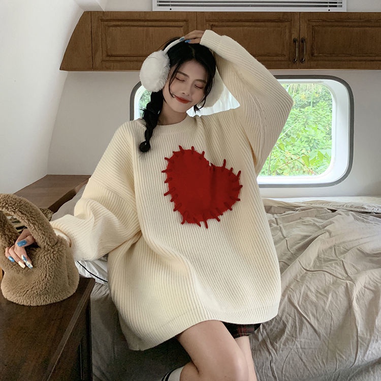 Áo Sweater Dệt Kim Cổ Tròn Dáng Rộng In Hình Trái Tim Xinh Xắn Cho Nữ