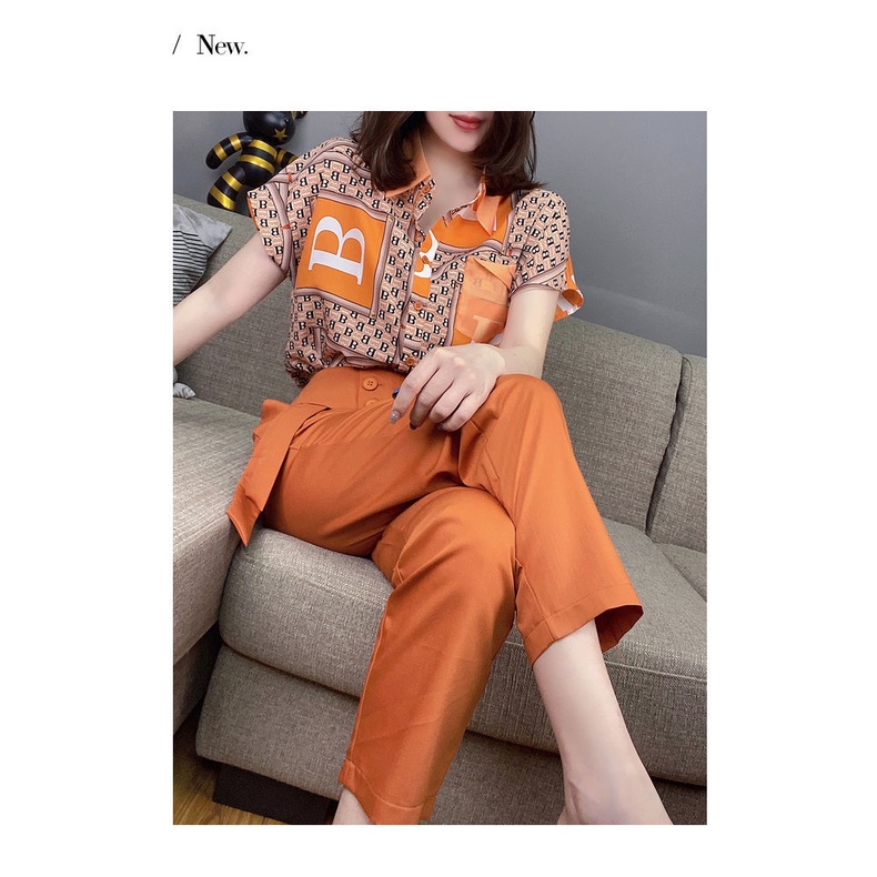 Set áo ngắn tay + quần dài màu tương phản thời trang cho nữ