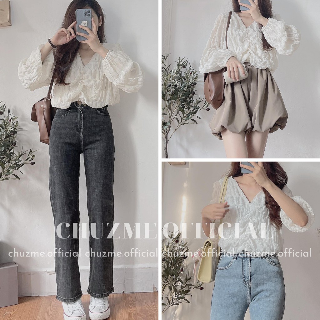 Set áo xốp ulzzang nhún ngực kèm quần short bo gấu / Set quần đùi mix áo sơ mi tay bồng (Ảnh thật/Có tách set)