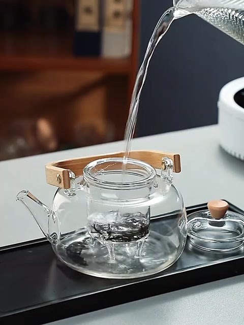 Bình pha trà thuỷ tinh chịu nhiệt 900ml có lõi lọc thủy tinh Ấm trà thuỷ tinh có tay cầm tre Có thể được làm nóng | BigBuy360 - bigbuy360.vn