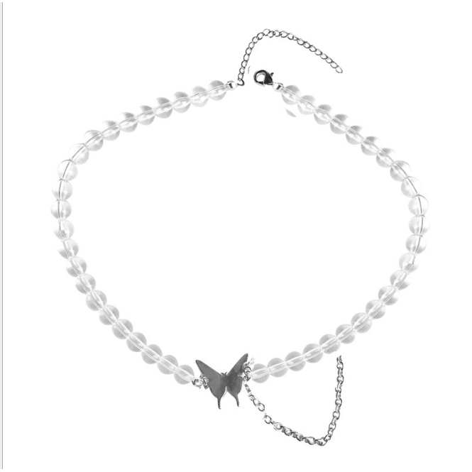 Vòng cổ bằng thép titanium xỏ hạt pha lê trong suốt gắn mặt bướm thời trang