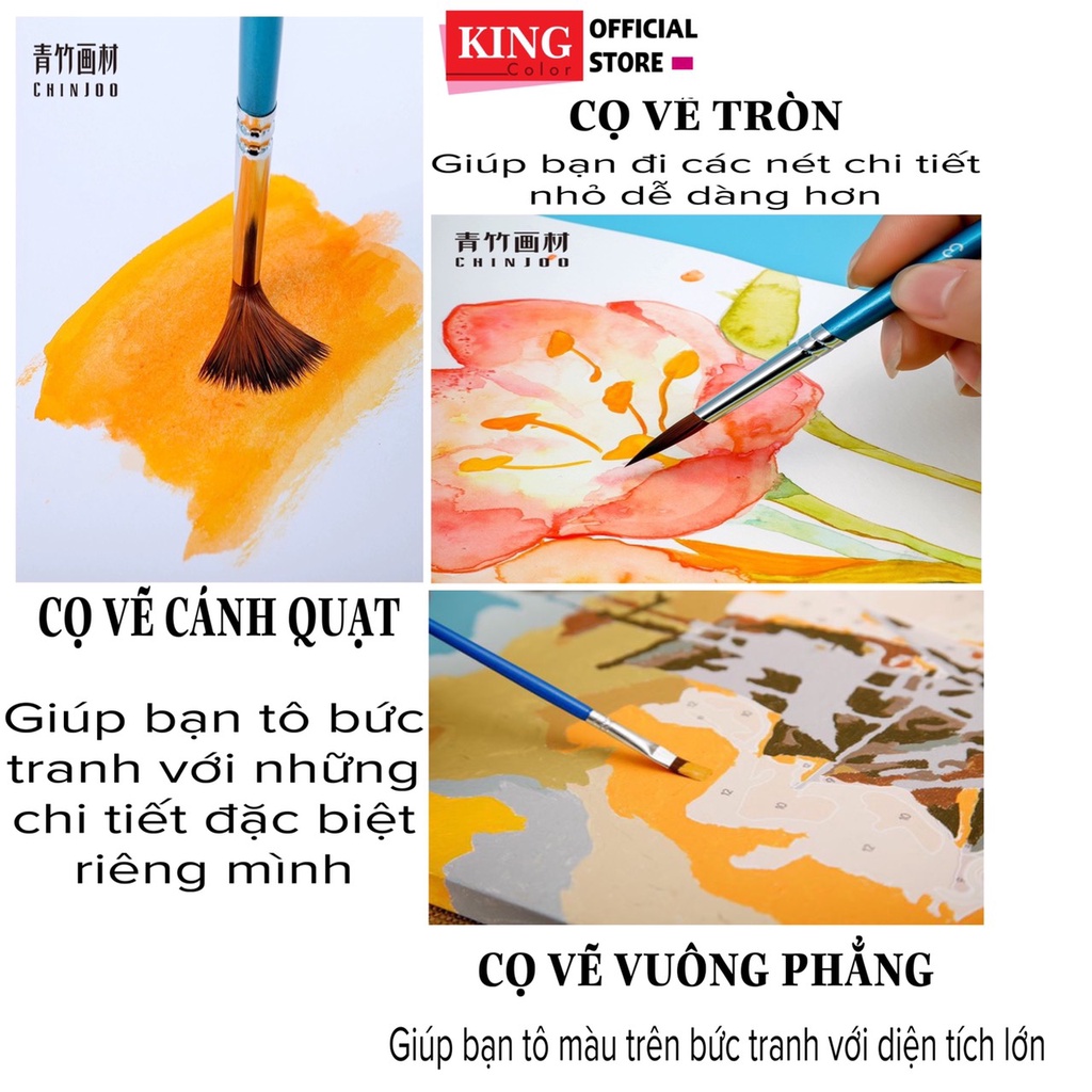 Bộ 10 cọ vẽ chuyên nghiệp Xinbowen - dùng cho màu nước/bột/sơn acrylic -Set Xanh pem, Đen black, Tím pha lê