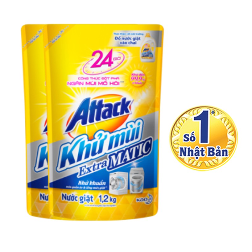 Combo 2 túi nước giặt Attack Khử Mùi Extra Matic túi 1.2kg