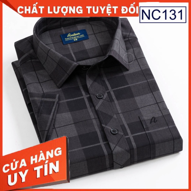Áo Sơ Mi Nam Công Sở Trung Niên Ngắn Tay Caro Màu Đen Thương Hiệu Anton Sợi Tre Thoáng Mát NC131 - Hàng