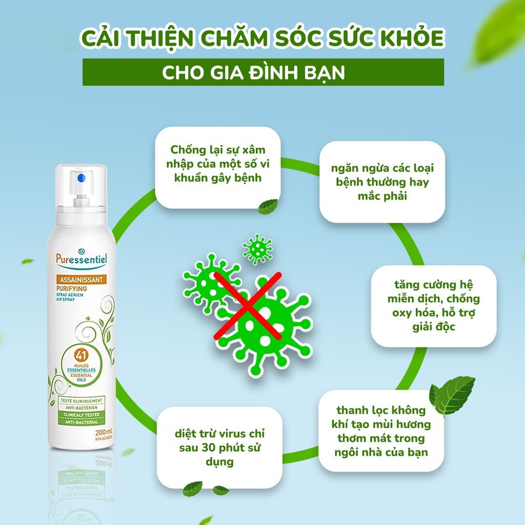 Xịt khử khuẩn không khí Puressentiel 200ml, thành phần tinh dầu chiết xuất từ thiên nhiên, bảo vệ sức khỏe gia đình