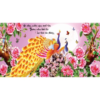 Tranh dán tường 3D đôi chim công hoa mẫu đơn UD0012 KT 180 x 100 cm KS