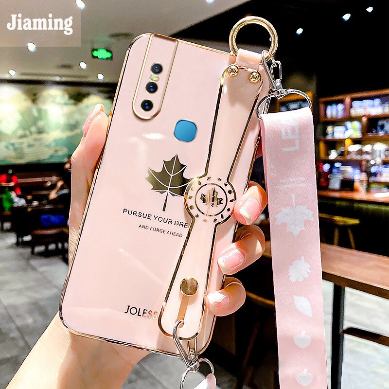 Ốp Điện Thoại Họa Tiết Lá Phong Viền Thẳng Mạ Điện Kèm Dây Đeo Và Vòng Tay Cho Vivo V15