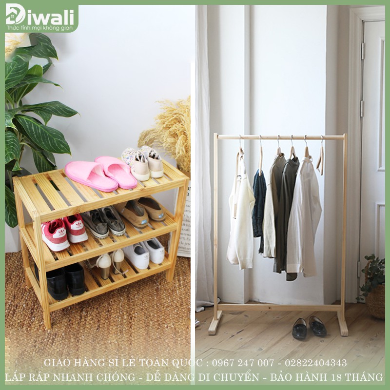 DIWALI - Combo 1 Kệ đơn treo quần áo + 1 kệ giày đa năng - Giá kệ gỗ 1 thanh ngang - Kệ treo quần áo bằng gỗ HCM