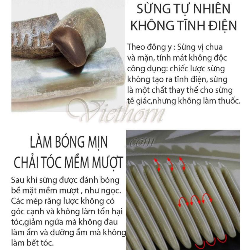 Lược sừng răng thưa thần thánh - chải tóc xoăn, rối, xù - Massa đầu giúp lưu thông máu - VIETHORN