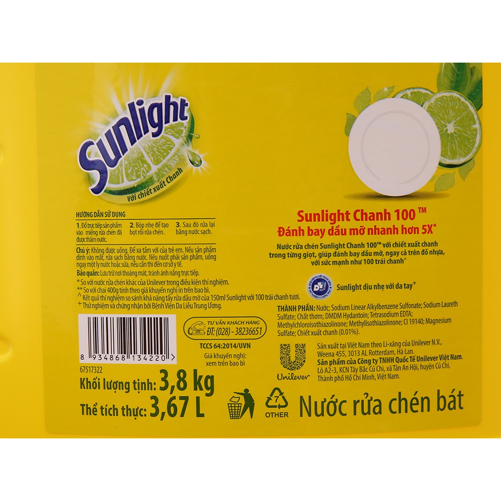 Nước rửa chén Sunlight Chanh mới sạch nhanh xả bọt nhanh can 3.8kg