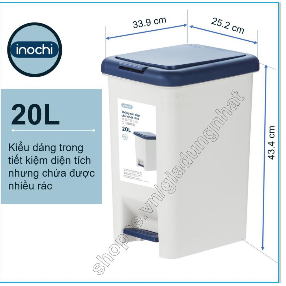 Thùng Rác Nhựa Đạp Chân Nắp Đậy Chữ Nhật Inochi 20 Lít Làm Sọt Rác Văn Phòng,Đựng Rác Gia Đình, Trong Nhà, Ngoài Trời