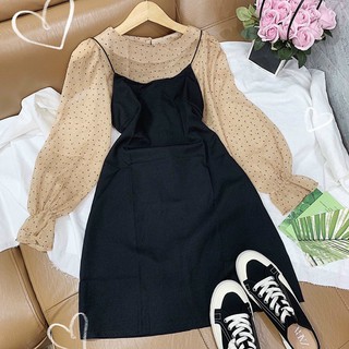 Set áo nude chấm bi + yếm 2d đen