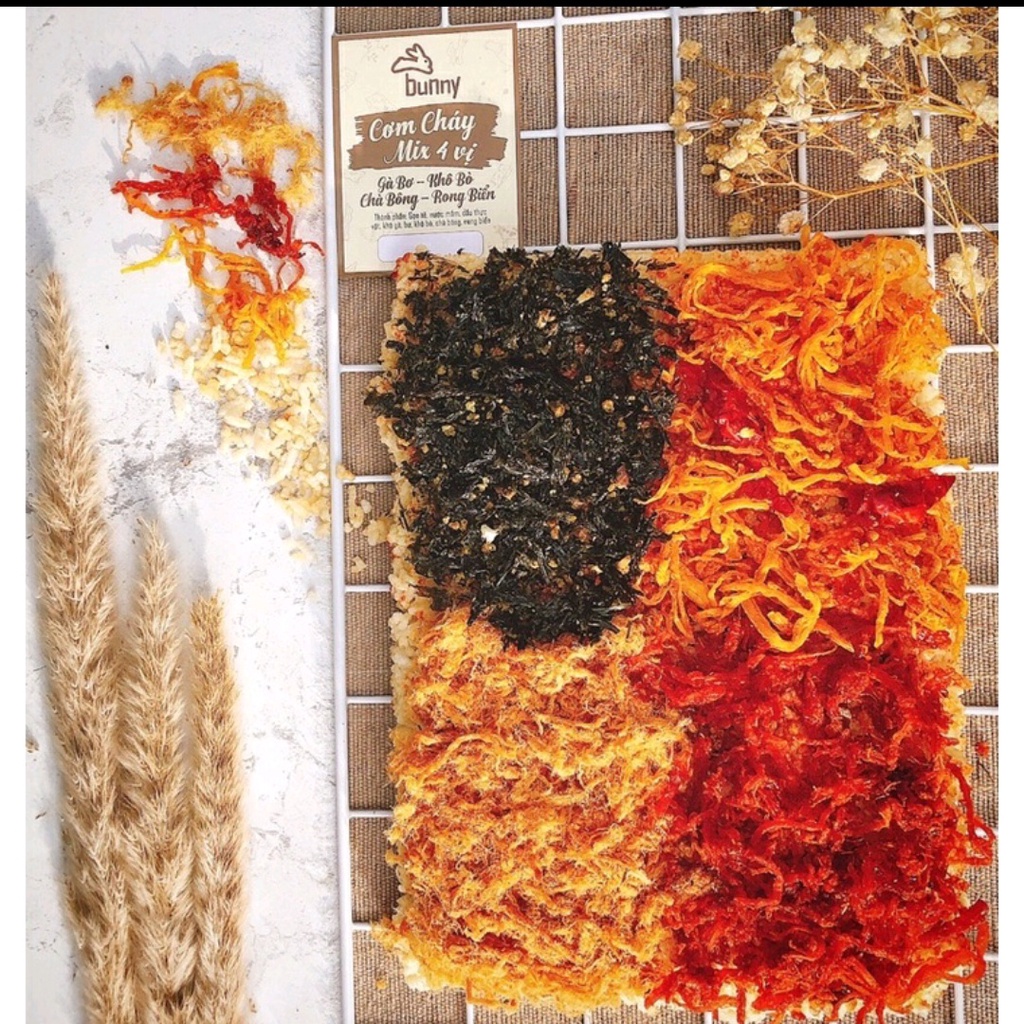 Cơm cháy BUNNY mix 4 vị Gà bơ, Khô bò, Chà bông, Rong biển 250gr đồ ăn vặt giòn rụm cực ngon