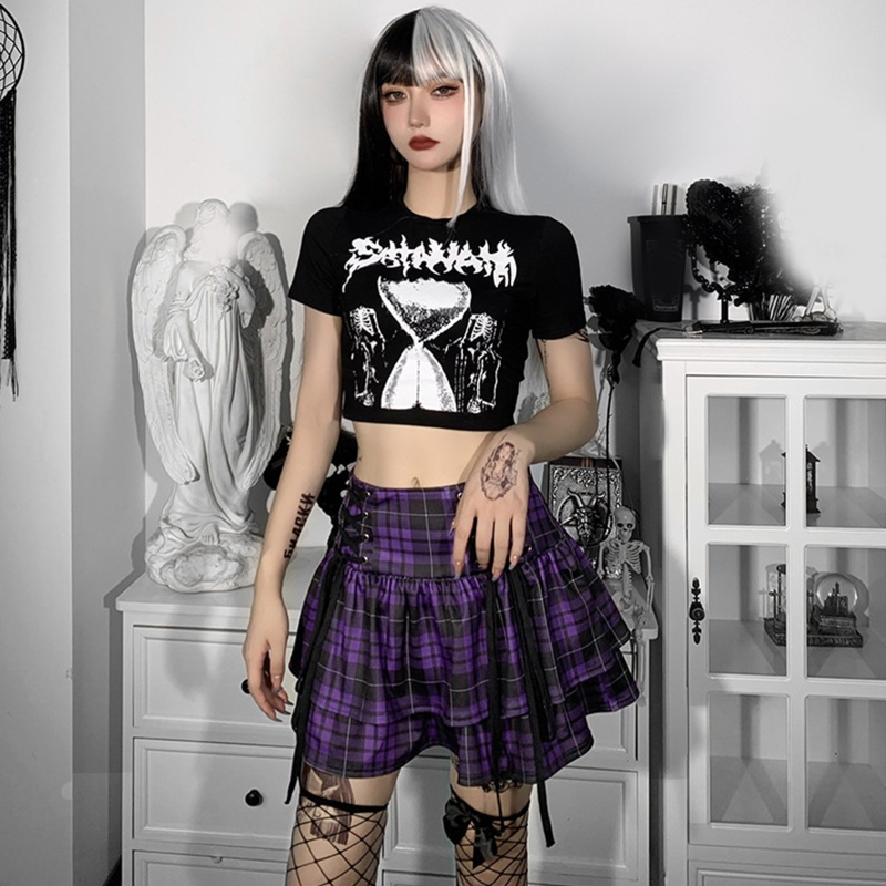 Chân váy sọc caro hai lớp phong cách Punk Harajuku dành cho nữ