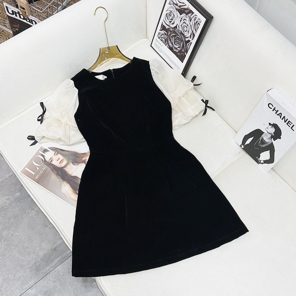 [HÀNG LOẠI 1] Đầm nhung phối tay voan nơ bồng siêu xinh 2 lớp -VX06