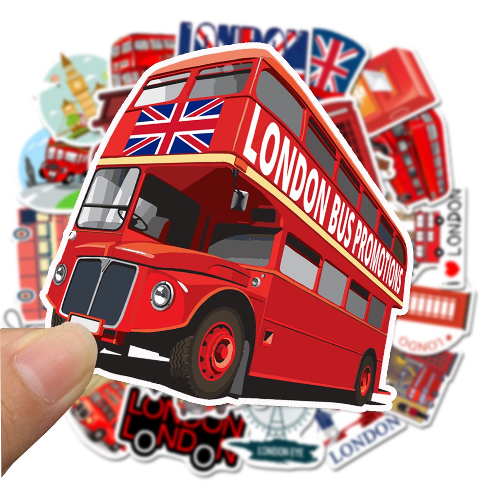 Bộ 50 miếng dán hình xe bus london dễ thương chống thấm nước dùng trang trí