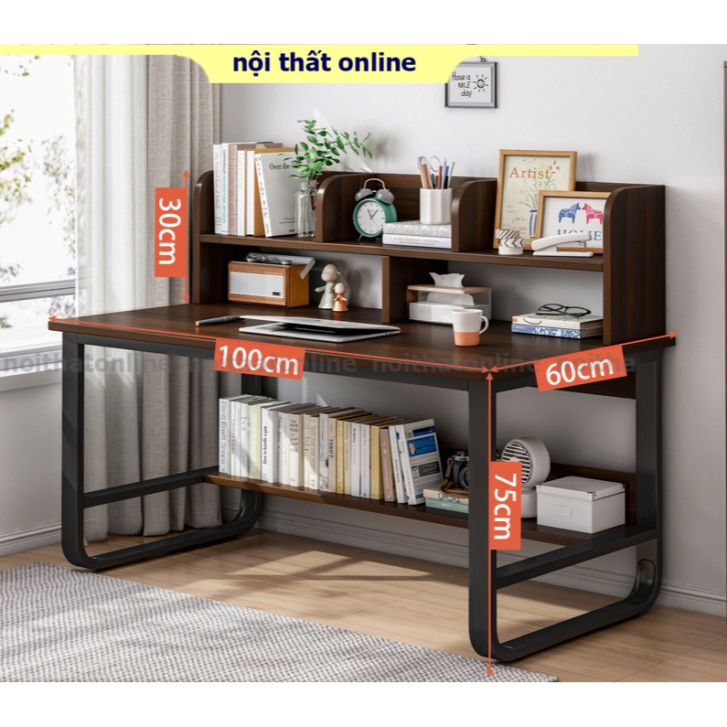 Bàn học phong cách Bắc Âu trông đẹp mắt kèm kệ sách và giá sách kích thước lớn, bàn làm việc màu gỗ sáng thiết kế