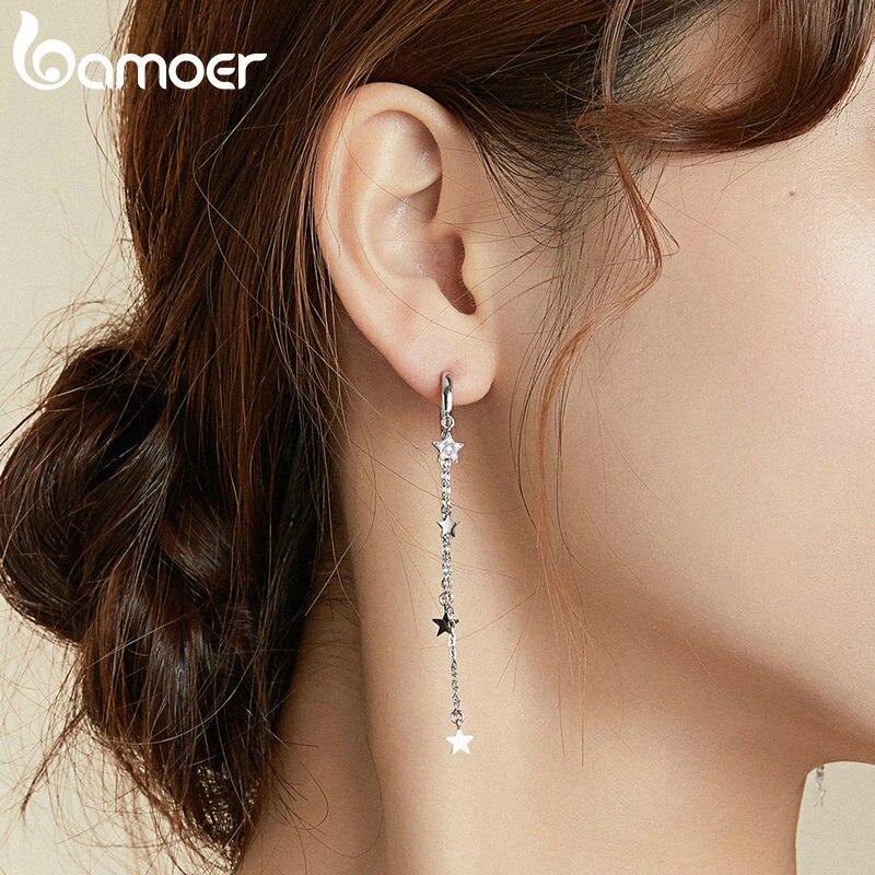 Khuyên Tai Bamoer Sce982 Bạc 925 Dáng Dài Hình Mặt Trăng Và Ngôi Sao Xinh Xắn Thích Hợp Làm Quà Tặng Cho Bạn Gái