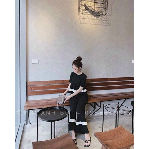 Set bộ áo cổ tròn xòe phồng + quần dài ống suông, set bộ kate phối viền bánh bèo đi chơi, đi biển cực dễ thương