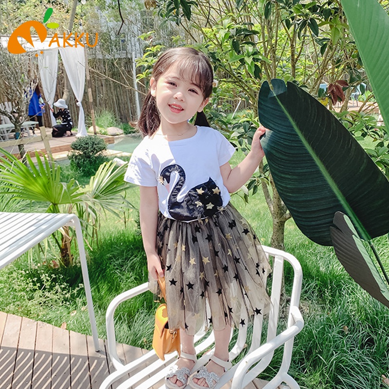 Set Áo Thun Ngắn Tay Hình Thiên Nga Hoạt Hình Và Chân Váy Cotton Phong Cách Phương Tây Cho Bé Gái