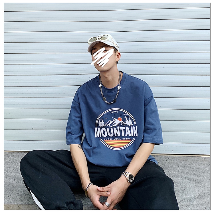 Áo thun tay lỡ HappyFamily tay lỡ unisex form rộng Mountain Chất vải cotton 100 cao cấp 3 màu