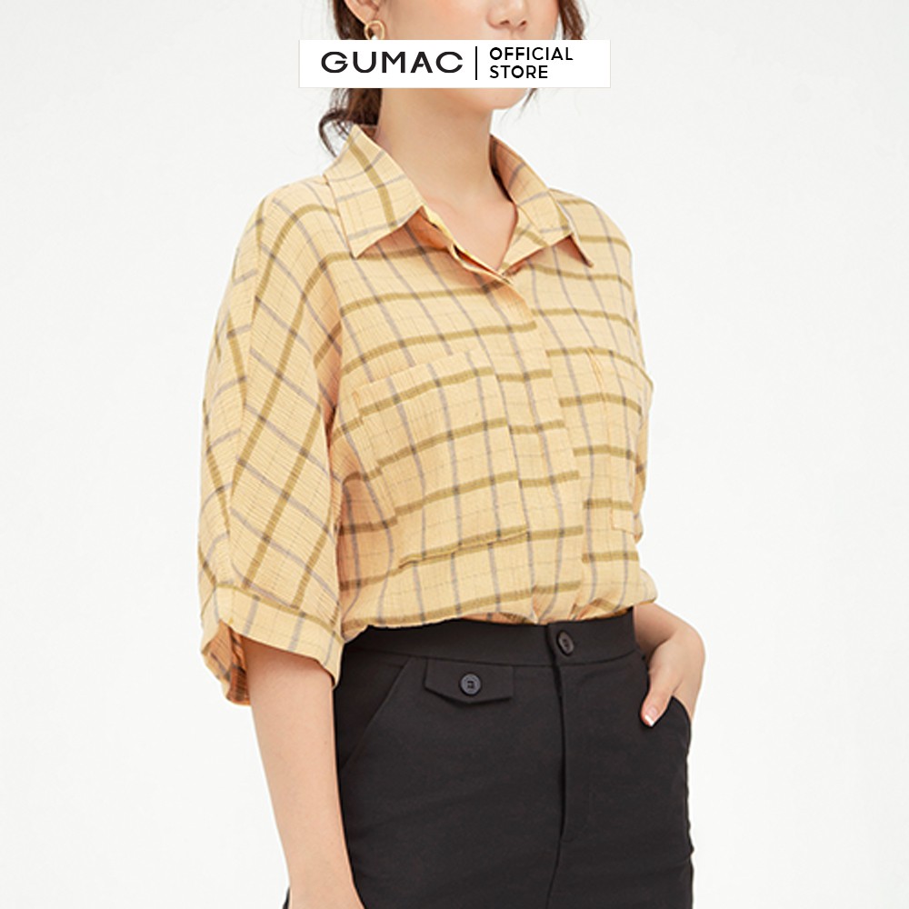 [Mã WABRGUSBD2 giảm 10% tối đa 50k đơn từ 250k] Áo sơ mi nữ tay dơi GUMAC màu vàng họa tiết caro AB560 | BigBuy360 - bigbuy360.vn