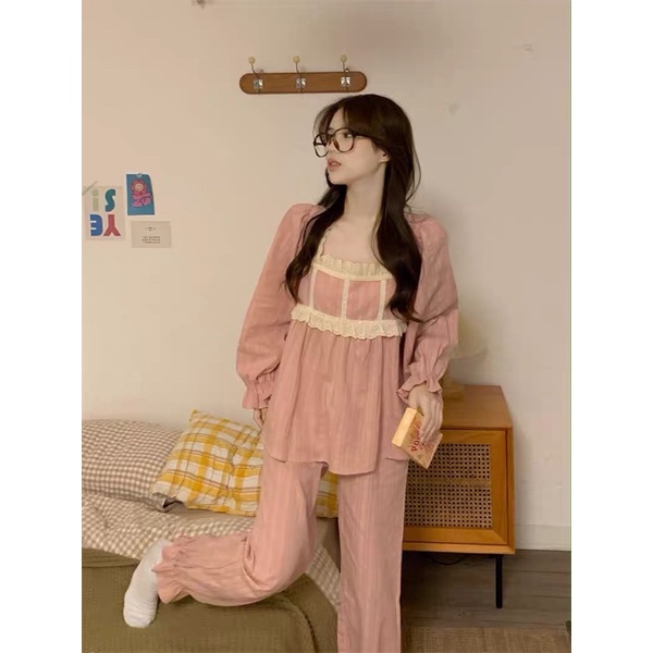 New BTS 2022 SET ĐỒ BỘ TIỂU THƯ MẶC NHÀ HỒNG VIỀN CỔ VUÔNG rẻ nhất shopee