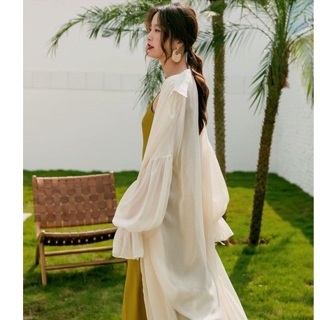 Áo Khoác cardigan chiffon Mỏng Dáng Dài Tay Phồng Chống Nắng Phong Cách Phương Tây Thời Trang Mùa Hè Cho Nữ