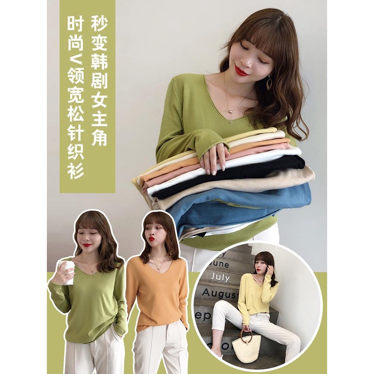 Áo sweater dáng rộng tay dài cổ chữ V trẻ trung thời trang cho nữ | BigBuy360 - bigbuy360.vn