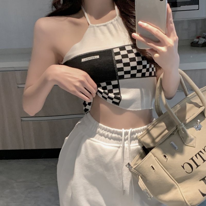 【ZHELIHANGFEI】 / Áo Dệt Kim Hai Dây Ngắn Hở Rốn Phong Cách Quyến Rũ Cho Nữ