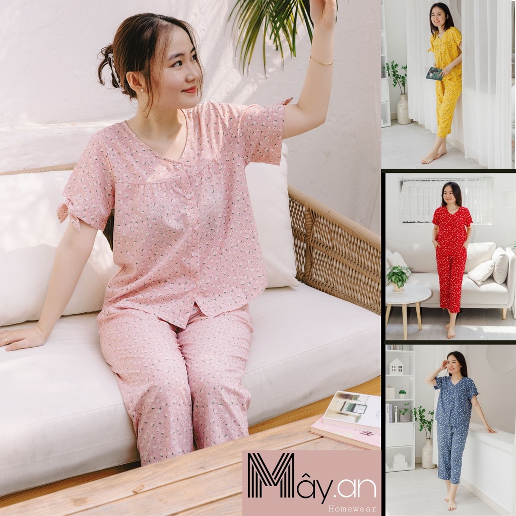 Đồ mặc nhà MÂY áo cổ tim tay cột nơ quần dài lụa mango họa tiết hoa nhí