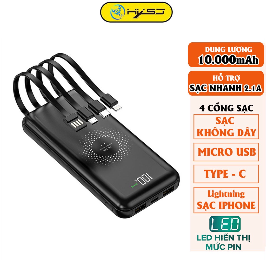 Pin sạc dự phòng Tích hợp sạc không dây HXSJ 10000mAh, Hỗ trợ sạc nhanh cổng usb 2.1A Kèm sẵn 4 đầu sạc tiện lợi