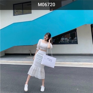 Set áo crop phối ren chân váy đuôi cá