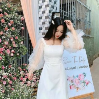 (Hình thật) Váy tay phồng cổ vuông công chúa