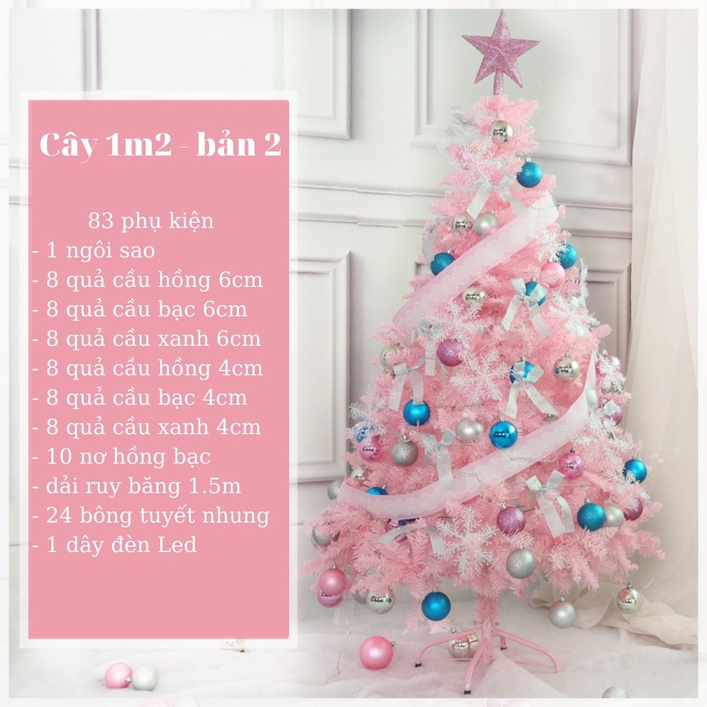 Cây thông Noel 1m5, 1m2, 60cm màu hồng Decor đi kèm hơn 100 phụ kiện trang trí phòng cách Hàn Quốc