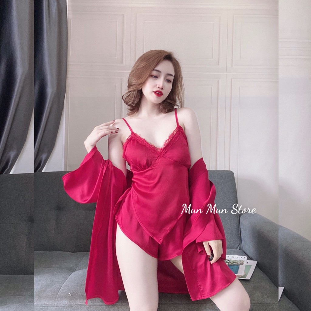 [𝐅𝐫𝐞𝐞 𝐒𝐡𝐢𝐩] Set ngủ lụa 3 món cao cấp MunMunStore áo choàng kimono + Yếm + quần mềm mại quyễn rũ ( phom dưới 62kg)
