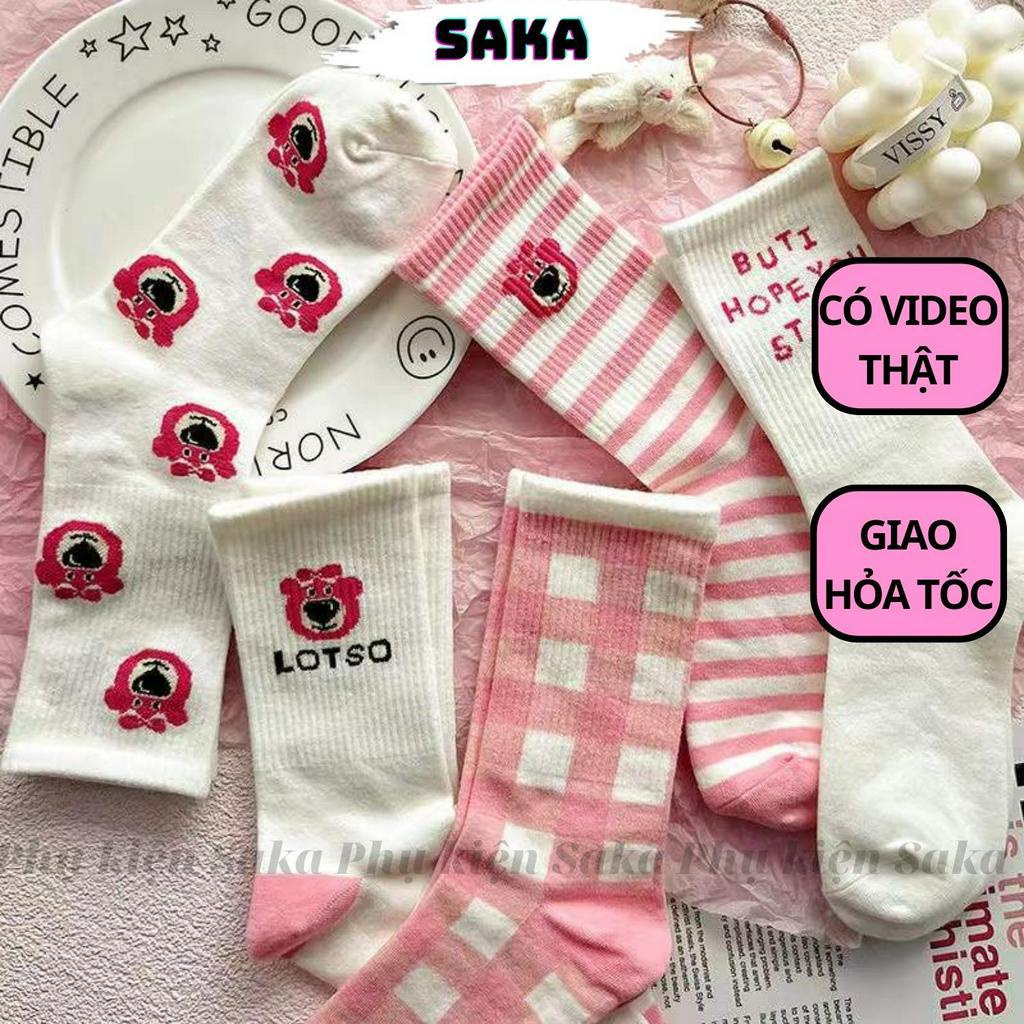 Vớ Gấu Dâu, Tất Gâu Dâu Lotso Họa Tiết Gấu Hồng Cổ Cao Set 5 Đôi Cao Cấp Chất Vải Mềm Mịn Dễ Thương Hàn Quốc Giá Rẻ SAKA