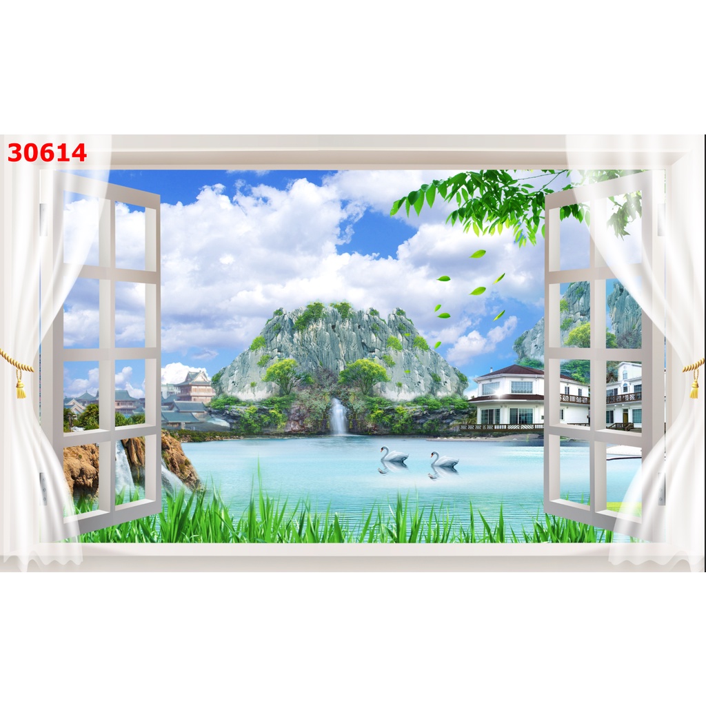 Tranh 3d cửa sổ nhìn ra phong cảnh sang trọng hiện đại