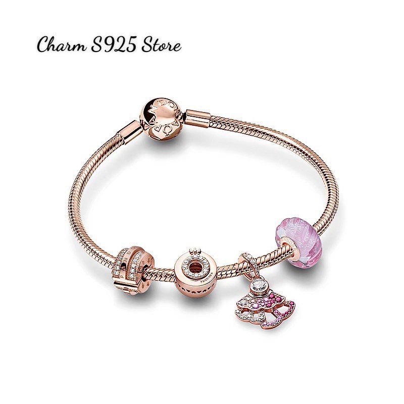 combo vòng tay mềm + 4 hạt charm pan bộ sưu tập quạt vàng hồng s925 cao cấp